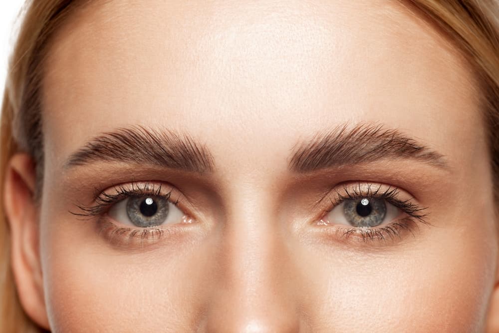 Close-up of a woman’s eyes showing neatly lifted lashes and perfectly laminated eyebrows, representing the Brow Lamination & Lash Lift Duo treatment at The Zen Den.