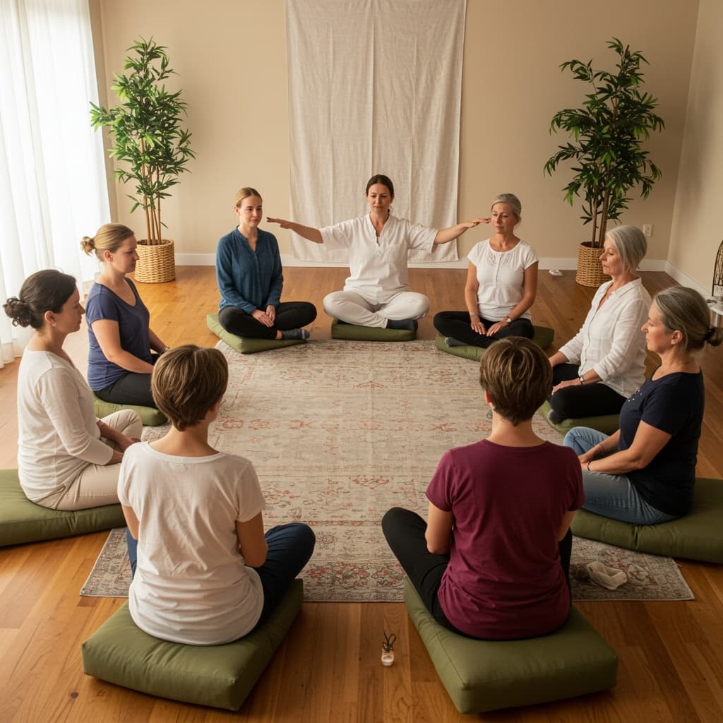 A group sitting in a circle during a guided reiki and meditation workshop at The Zen Den in Glasgow, creating a calm and supportive atmosphere.